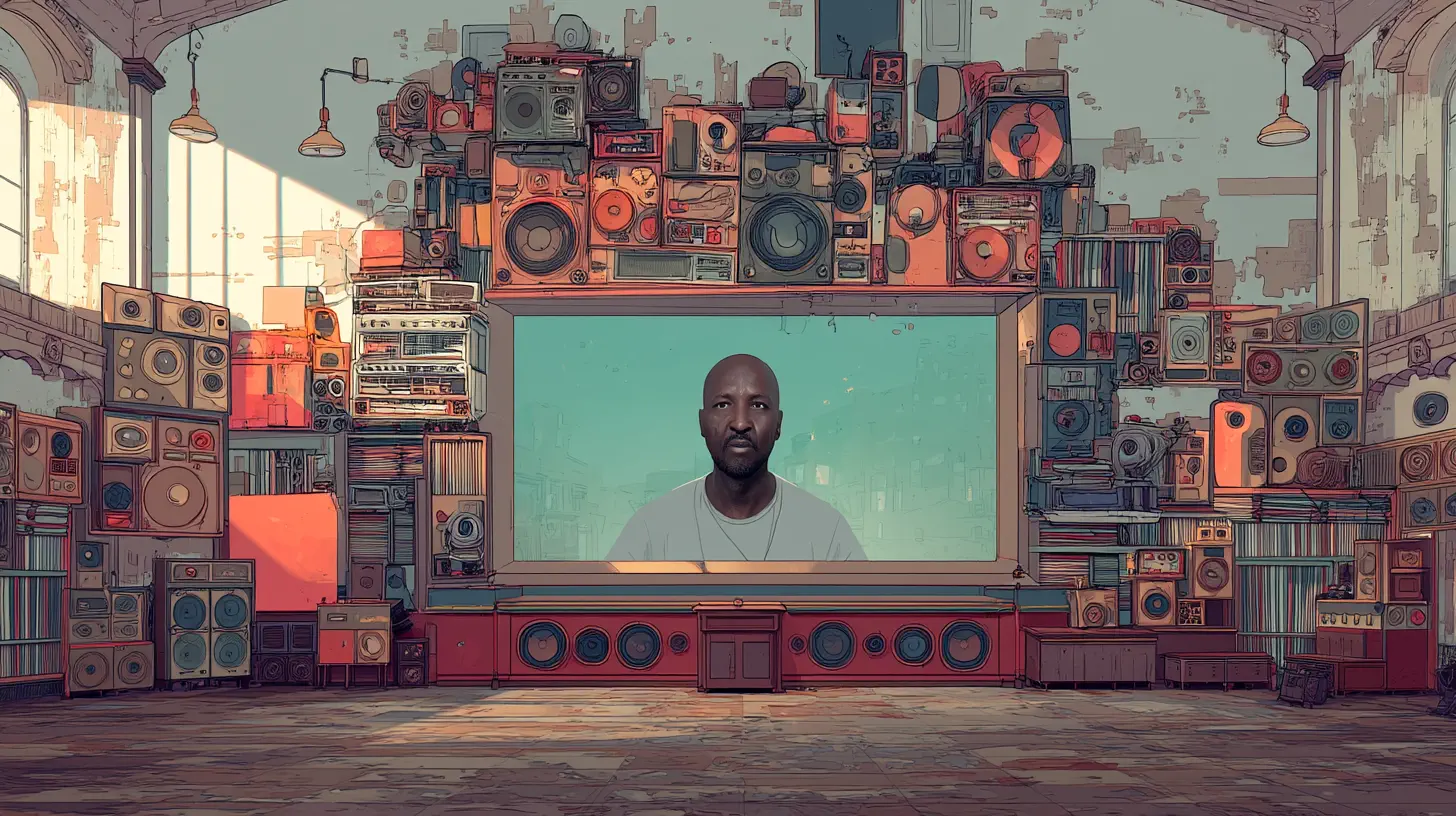 Concept art of Asbest on a screen surrounded by more speakers.