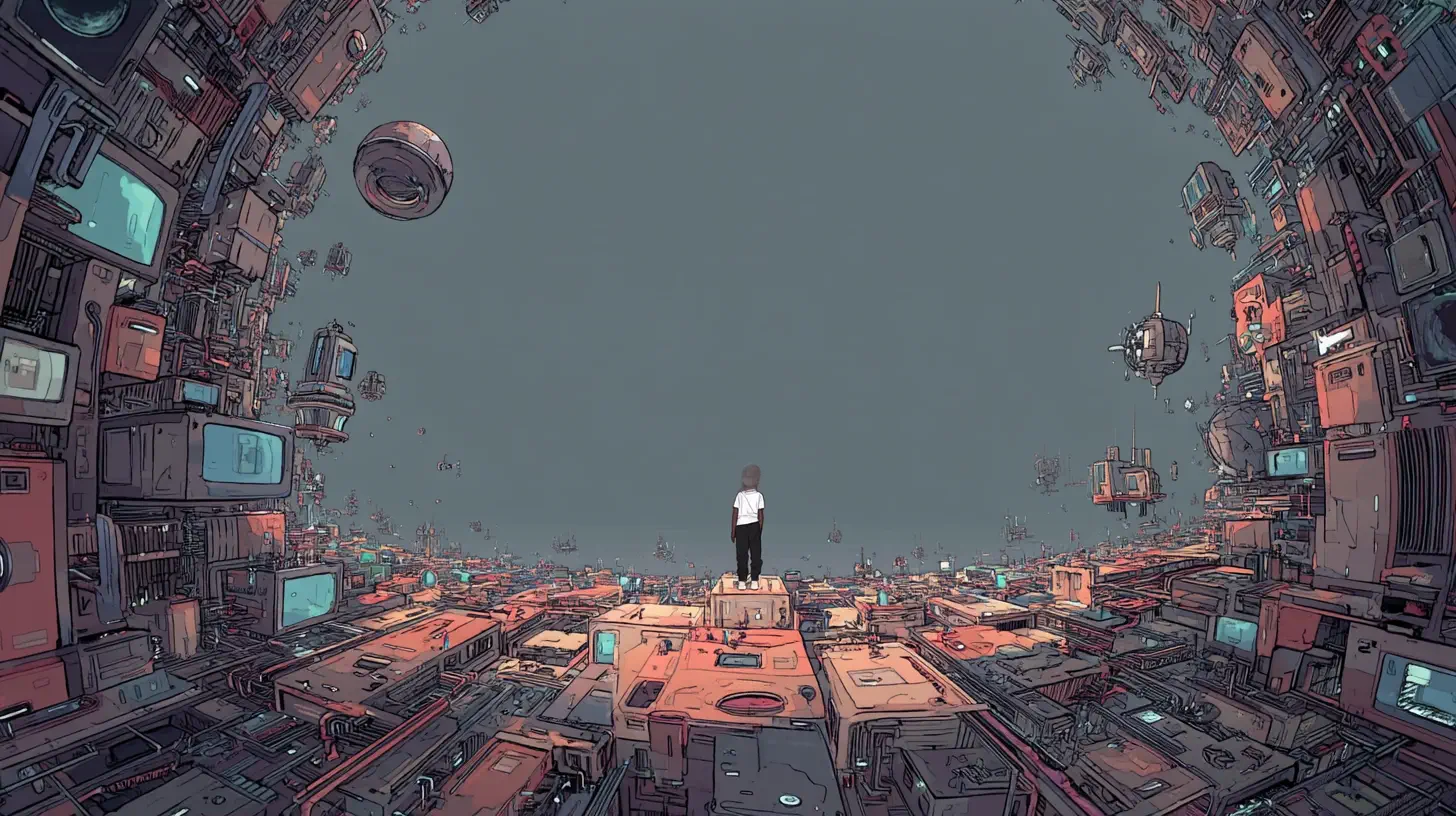 Concept art showing Asbest from behind, looking out over a vast sci-fi city.