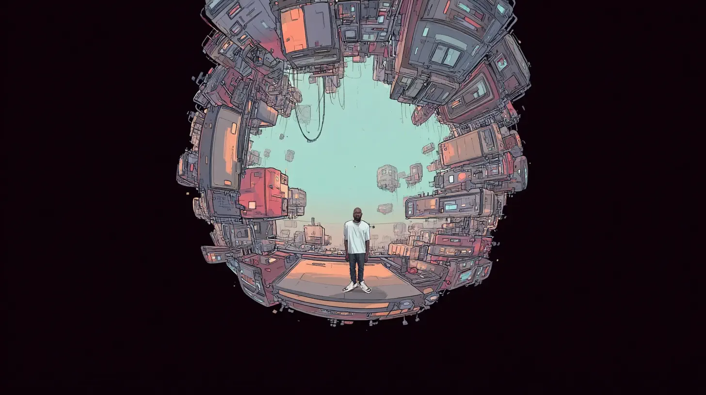 Concept art of Asbest on a platform surrounded by floating structures.