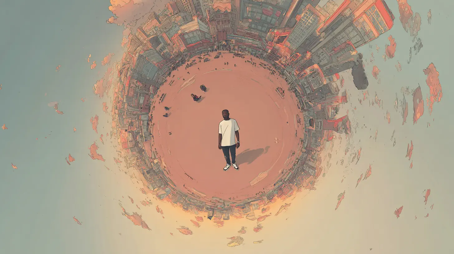 Concept art of Asbest in a tiny-planet style cityscape.