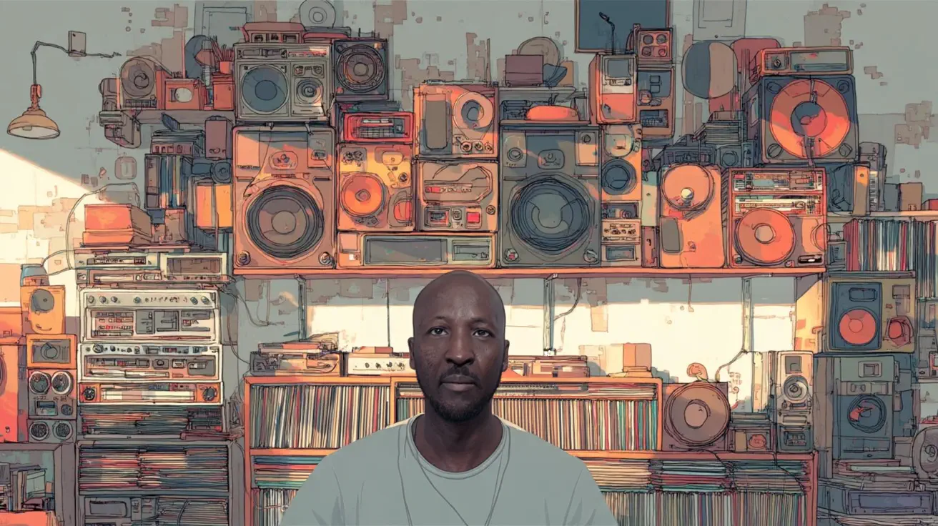 Concept art of Asbest surrounded by a wall of speakers.