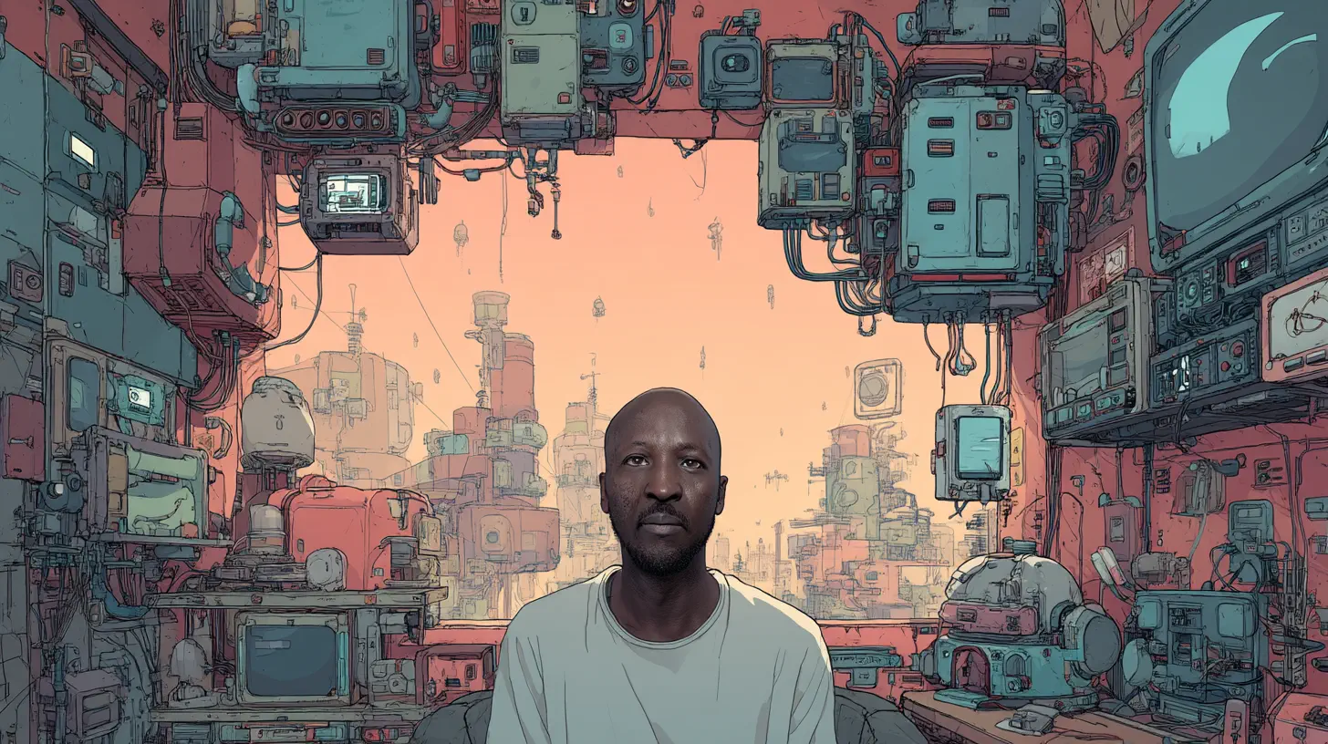 A close-up portrait of Asbest the Moor King in a room filled with complex, illustrated machinery.