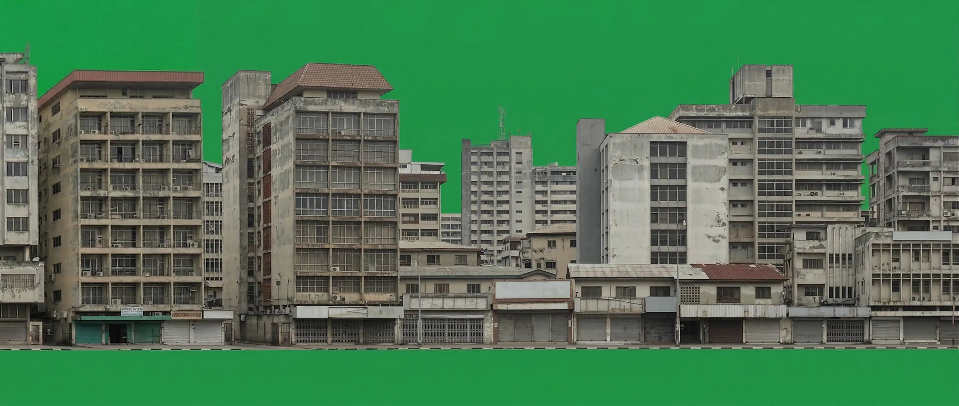 Outpainted architectural plate section one showing retro Lagos buildings set against a solid green background layout
